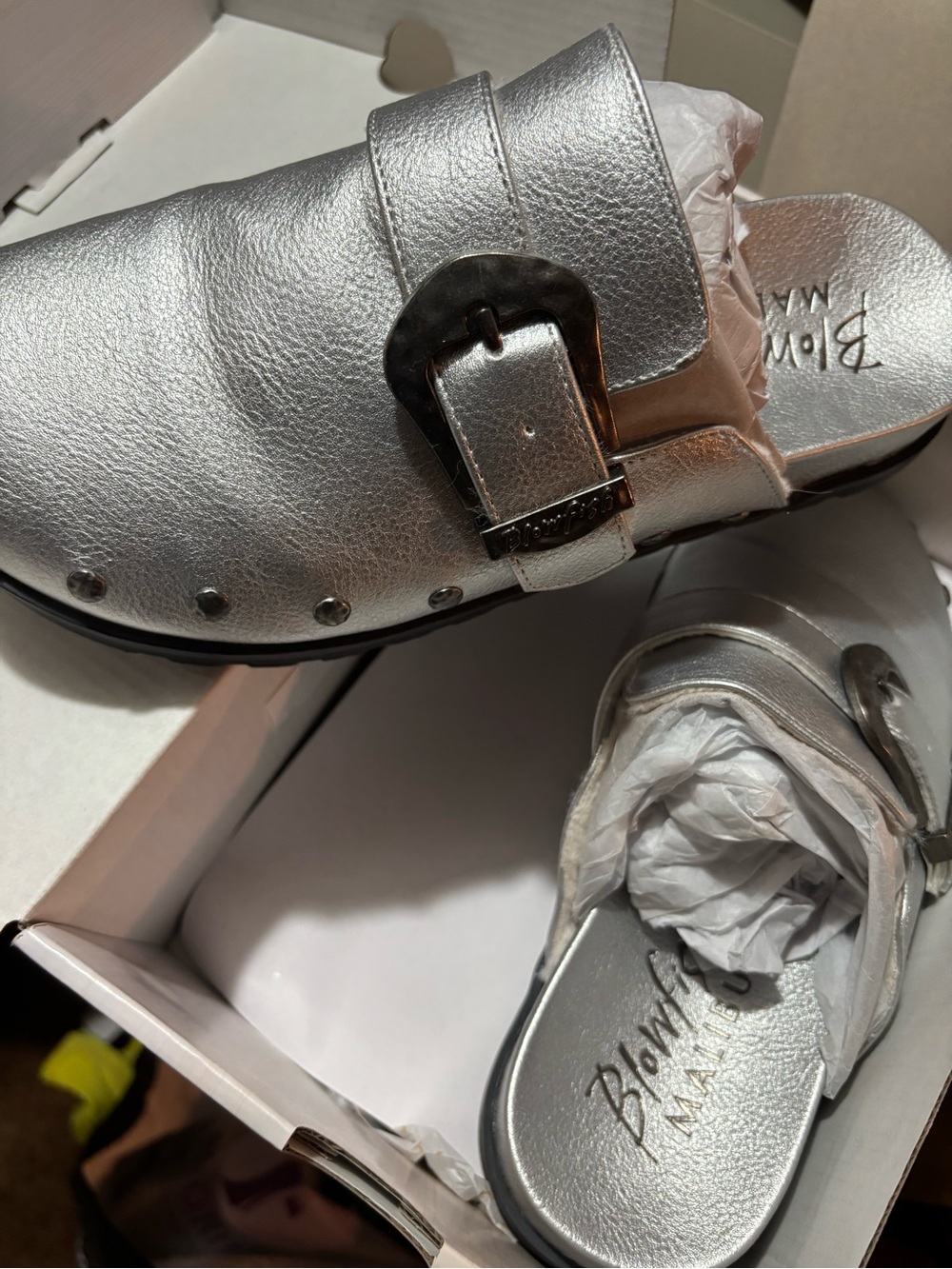 Blowfish Malibu Silver Leather Slip-On Mules with Buckle
